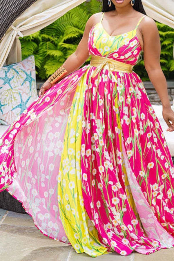 Floral Print Stunning Lace-Up Hit Color Layered High Split Maxi Dress 1 Floral Print Stunning Lace-Up Hit Color Layered High Split Maxi Dress