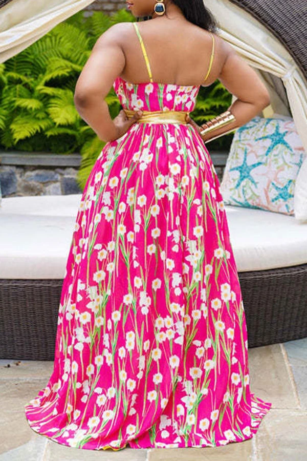 Floral Print Stunning Lace-Up Hit Color Layered High Split Maxi Dress 2 Floral Print Stunning Lace-Up Hit Color Layered High Split Maxi Dress - Image 2