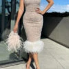 Sequin & Beaded Decor Luxe Feather Hem Midi Dress