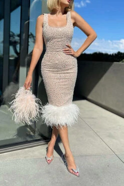 Sequin & Beaded Decor Luxe Feather Hem Midi Dress