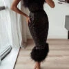 Feather Patchwork Glistening Sequined Midi Dress
