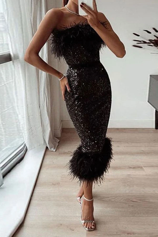 Feather Patchwork Glistening Sequined Midi Dress 1 Feather Patchwork Glistening Sequined Midi Dress