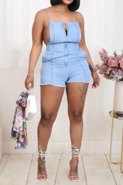 Solid Color Smart Cross Back Denim Romper