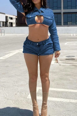 Solid Color Cool Lace-Up Backless Denim Pant Suit -Clothing Outlet Store H22080876 BL 2