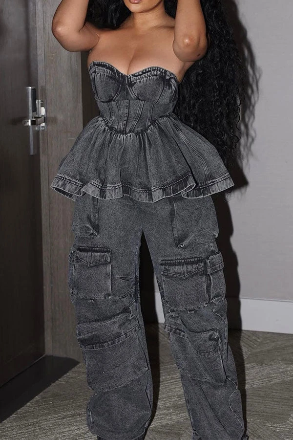 Solid Color Cool Multi Pocket Wide Leg Jeans 1 Solid Color Cool Multi Pocket Wide Leg Jeans