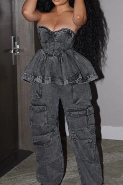 Solid Color Patchwork Girly Ruffle Denim Blouse -Clothing Outlet Store H22081511 BK 2 06769970 4b8e 4747 9ff7 1426aa436536