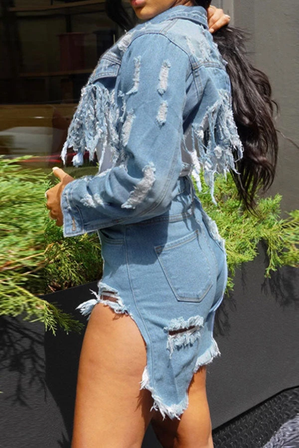 Ripped Stylish Tassel Hem Denim Jacket 3 Ripped Stylish Tassel Hem Denim Jacket - Image 3