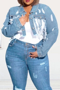 Ripped Stylish Tassel Hem Denim Jacket 11 Ripped Stylish Tassel Hem Denim Jacket -Clothing Outlet Store H22081527 BL 4