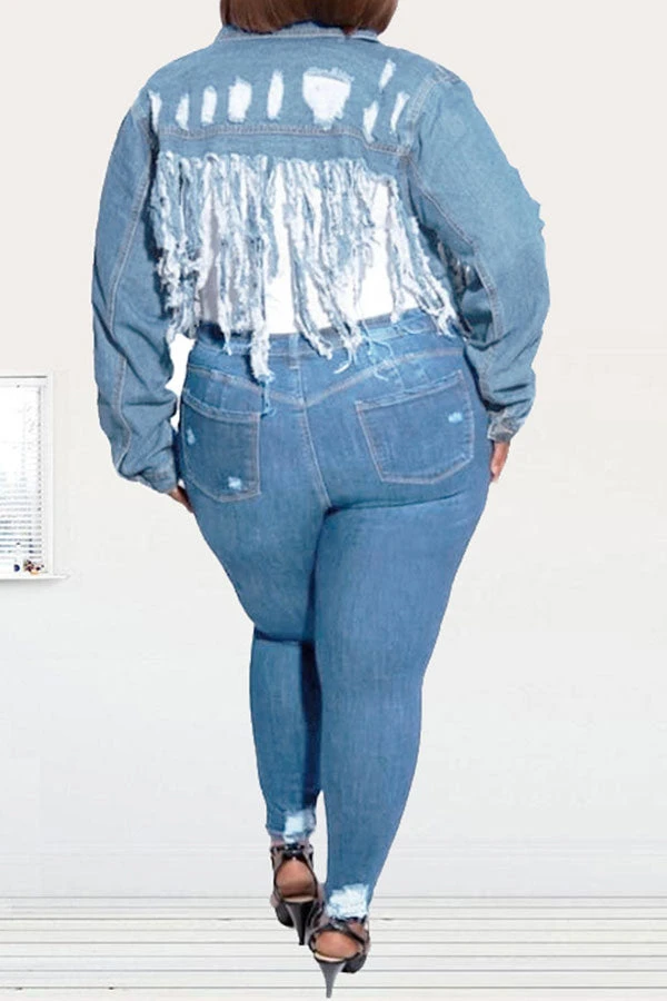 Ripped Stylish Tassel Hem Denim Jacket 5 Ripped Stylish Tassel Hem Denim Jacket - Image 5