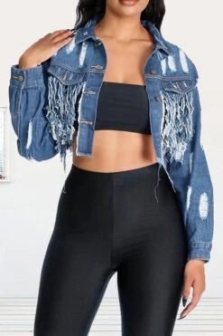 Ripped Stylish Tassel Hem Denim Jacket 13 Ripped Stylish Tassel Hem Denim Jacket -Clothing Outlet Store H22081527 NB 1