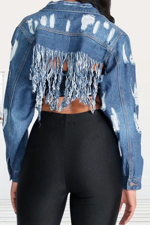 Ripped Stylish Tassel Hem Denim Jacket 7 Ripped Stylish Tassel Hem Denim Jacket - Image 7