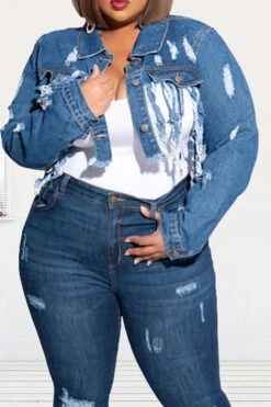 Ripped Stylish Tassel Hem Denim Jacket 15 Ripped Stylish Tassel Hem Denim Jacket -Clothing Outlet Store H22081527 NB 3