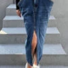 Solid Color Dramatic Pocket Design High Split Denim Skirt