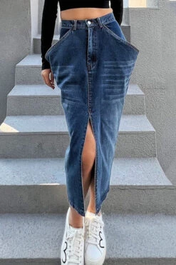 Solid Color Dramatic Pocket Design High Split Denim Skirt