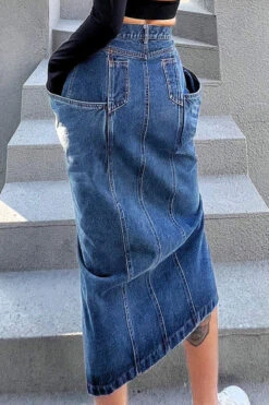 Solid Color Dramatic Pocket Design High Split Denim Skirt -Clothing Outlet Store H22081535 NB 3 a64f7ea4 ed26 44f8 966e b4a3a67178bf