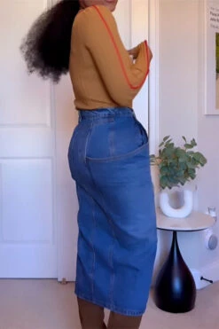 Solid Color Dramatic Pocket Design High Split Denim Skirt -Clothing Outlet Store H22081535 NB 4 37de308f e46d 4614 946e 047eab83b554