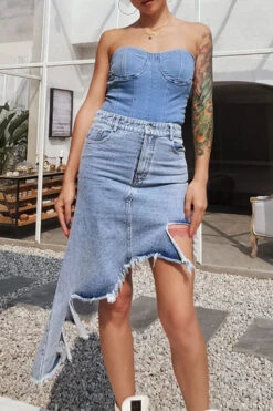 Unusual Asymmetric High Split Denim Skirt
