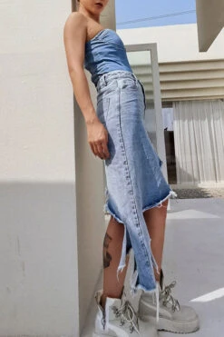 Unusual Asymmetric High Split Denim Skirt -Clothing Outlet Store H22081538 BL 3