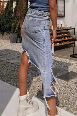 Unusual Asymmetric High Split Denim Skirt -Clothing Outlet Store H22081538 BL 5