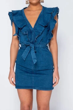 Ruffle Design Stunning Belted Denim Mini Dress -Clothing Outlet Store H22081545 NB 1 8b536833 7e76 4d7c bf51 5971104ac44c