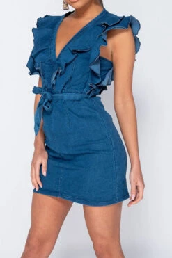 Ruffle Design Stunning Belted Denim Mini Dress -Clothing Outlet Store H22081545 NB 2 aedaf595 358e 410e b716 890c360df9b9