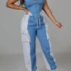 Denim Patchwork Sporty Pocket Design Pant Suit