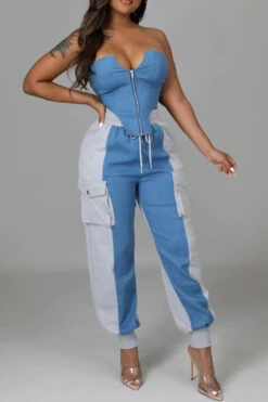Denim Patchwork Sporty Pocket Design Pant Suit