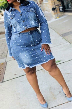 Beaded Decor Elegant Ripped Denim Dress Suit