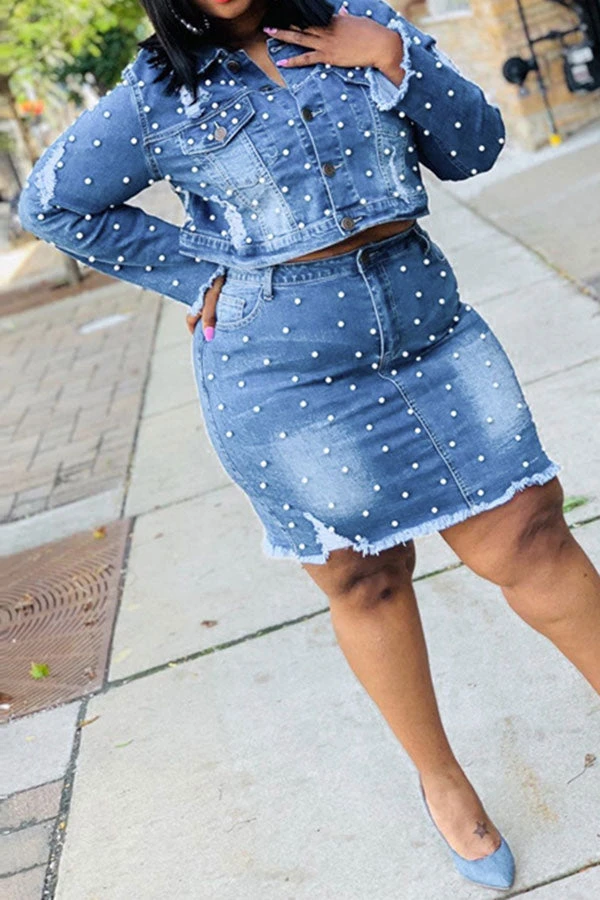 Beaded Decor Elegant Ripped Denim Dress Suit 2 Beaded Decor Elegant Ripped Denim Dress Suit - Image 2