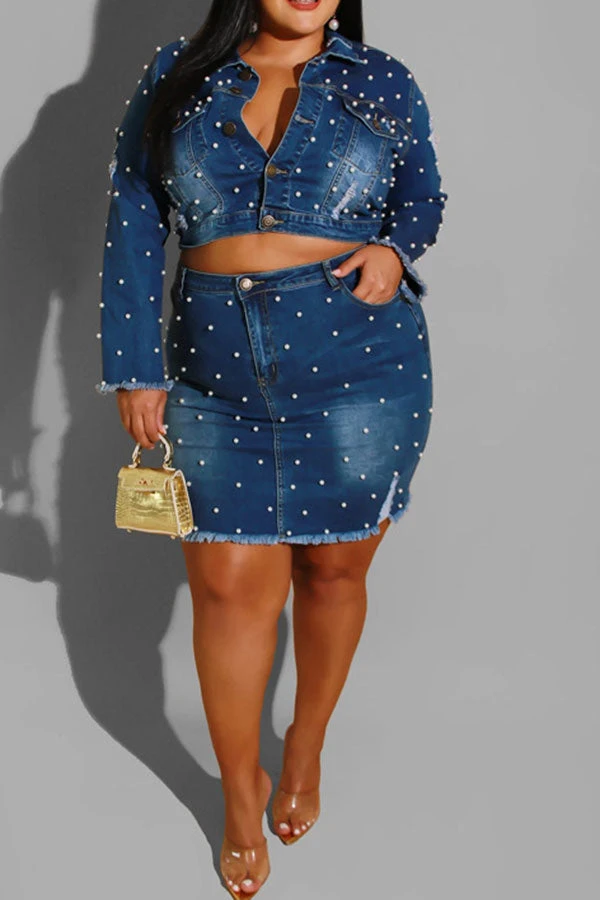 Beaded Decor Elegant Ripped Denim Dress Suit 5 Beaded Decor Elegant Ripped Denim Dress Suit - Image 5