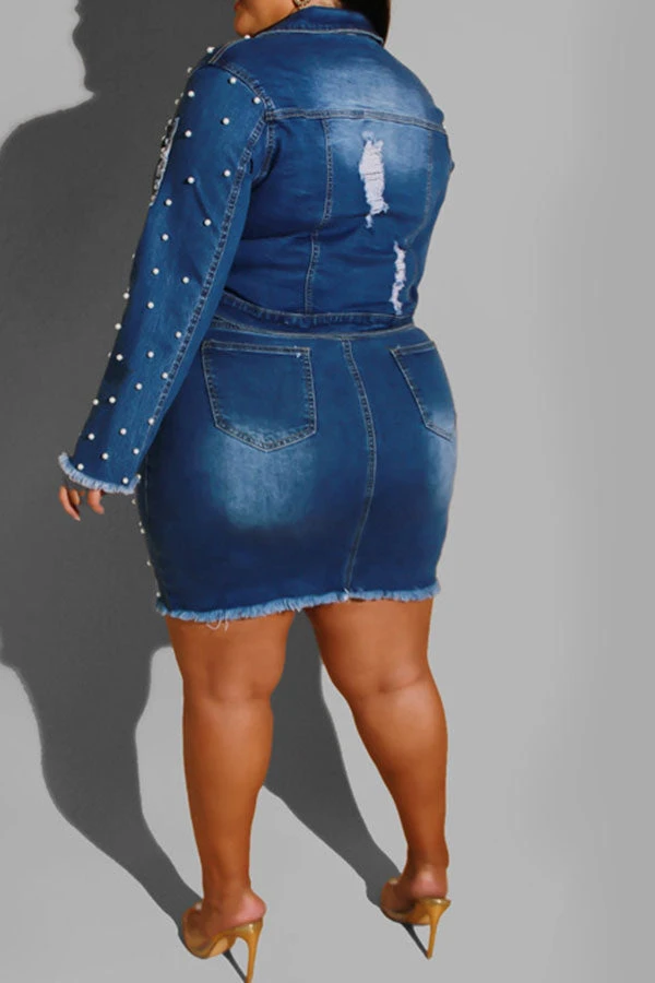 Beaded Decor Elegant Ripped Denim Dress Suit 6 Beaded Decor Elegant Ripped Denim Dress Suit - Image 6