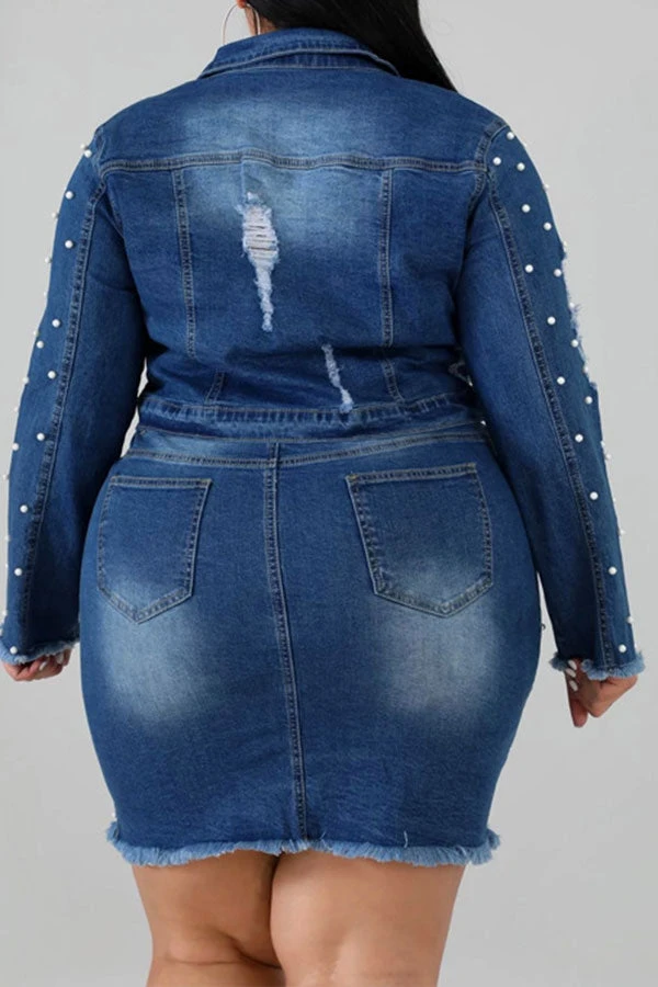 Beaded Decor Elegant Ripped Denim Dress Suit 7 Beaded Decor Elegant Ripped Denim Dress Suit - Image 7