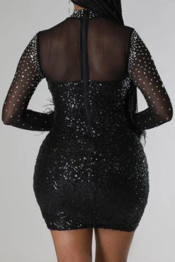 Sequined & Rhinestone Festive Feather Trim Mini Dress -Clothing Outlet Store H22082586 BK 5