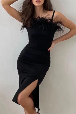 Feather Trim Sophisticated High Split Mini Dress 10 Feather Trim Sophisticated High Split Mini Dress -Clothing Outlet Store H22082592 BK 2 9754b7e6 01ea 4e27 ba1d 5680417e3c75