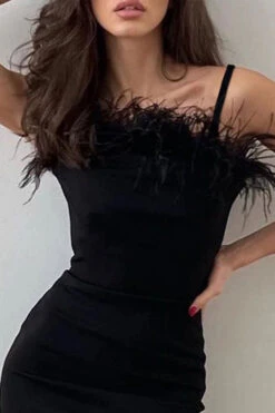 Feather Trim Sophisticated High Split Mini Dress 11 Feather Trim Sophisticated High Split Mini Dress -Clothing Outlet Store H22082592 BK 3 71965319 17e1 462f 8ecf 3b1a27b33f99