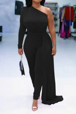 Solid Color One Shoulder Party Ribbons Irregular Jumpsuit -Clothing Outlet Store H22083095 BK 1 465796e3 1958 4013 9a7e 438bc2427b2e
