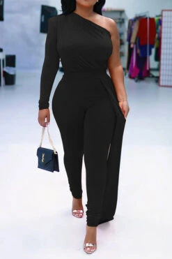 Solid Color One Shoulder Party Ribbons Irregular Jumpsuit -Clothing Outlet Store H22083095 BK 2 92cbcbcd 32b2 4202 a969 ce72ab8146f7
