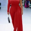 Solid Color One Shoulder Party Ribbons Irregular Jumpsuit
