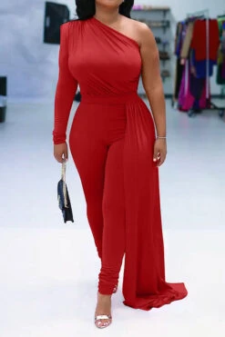 Solid Color One Shoulder Party Ribbons Irregular Jumpsuit