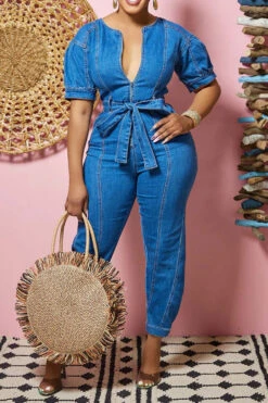 Blue Zipper Classic Belted Denim Jumpsuit