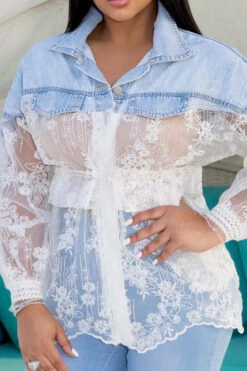 Denim Patchwork Oriental Mesh Floral Embroidery Lace-Up Blouse