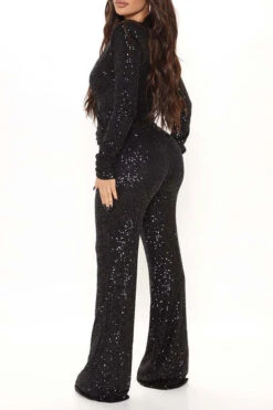 Sequined Glittery Deep V Neck Jumpsuit -Clothing Outlet Store H22091284 BK 3