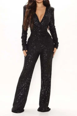 Sequined Glittery Deep V Neck Jumpsuit -Clothing Outlet Store H22091284 BK 4