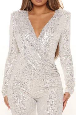 Sequined Glittery Deep V Neck Jumpsuit -Clothing Outlet Store H22091284 WH 1 766a3069 8279 4147 9764 22de66f1e91a