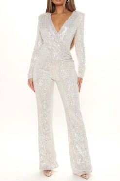 Sequined Glittery Deep V Neck Jumpsuit -Clothing Outlet Store H22091284 WH 3