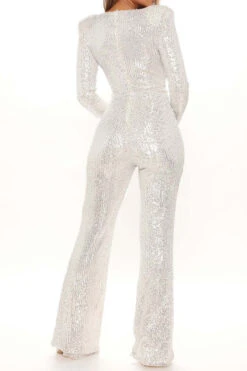 Sequined Glittery Deep V Neck Jumpsuit -Clothing Outlet Store H22091284 WH 4