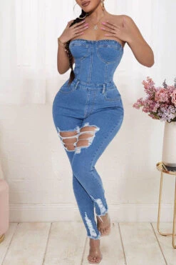 Solid Color Stylish Ripped Burrs Denim Jumpsuit