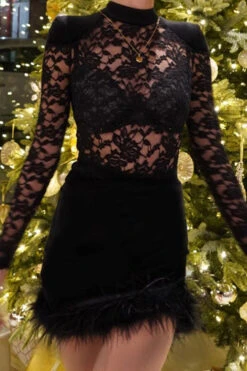 Lace Patchwork Romantic Fuzzy Hem Mini Dress -Clothing Outlet Store H22092091 BK 3