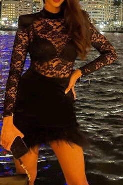 Lace Patchwork Romantic Fuzzy Hem Mini Dress -Clothing Outlet Store H22092091 BK 4