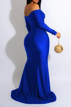Solid Color Off Shoulder Romantic High Split Maxi Dress -Clothing Outlet Store H22092241 BL 2
